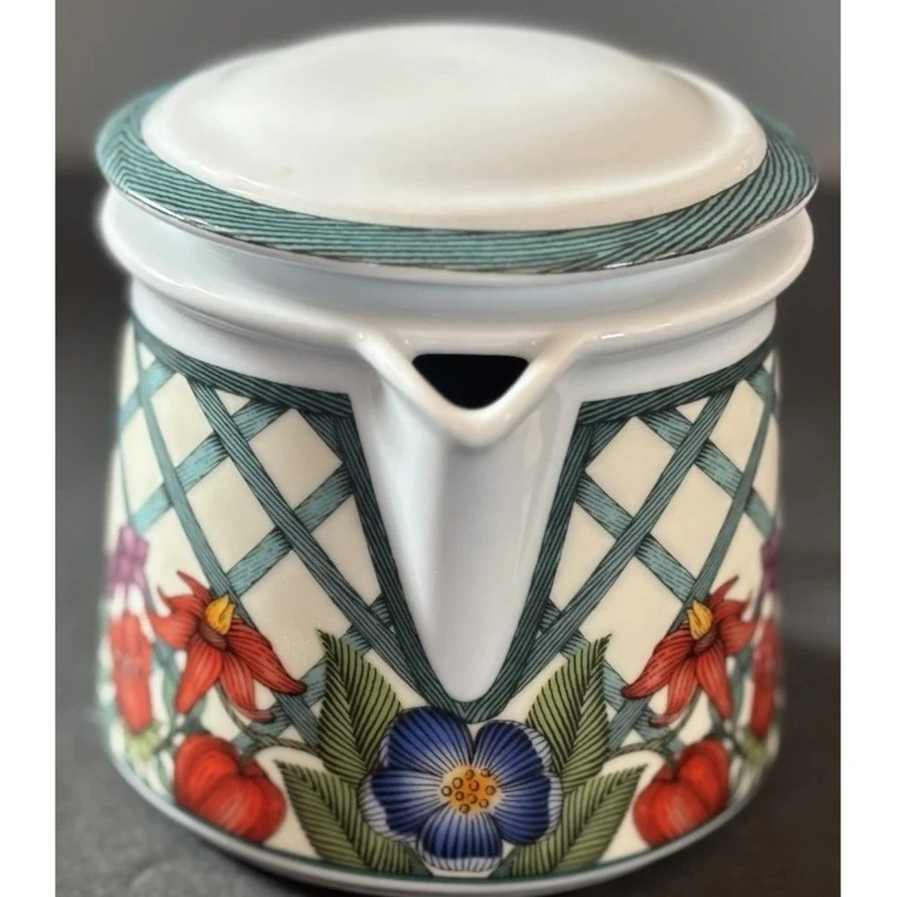Dansk Nordic Garden Creamer Pitcher w/ Lid Ceramic Denmark Floral Lattice Design